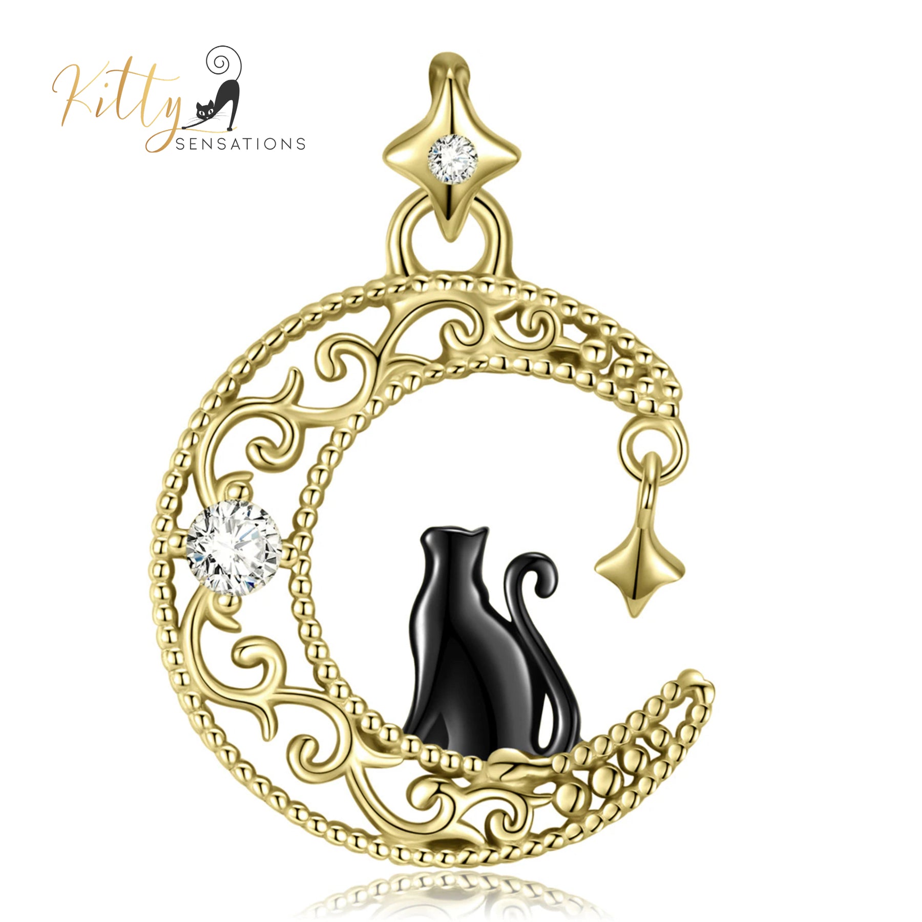 www.KittySensations.com: Black & Gold Moon Kitty Necklace in Solid 925 Sterling Silver ($89.15): https://www.kittysensations.com/products/black-gold-moon-kitty-necklace-in-solid-925-sterling-silver