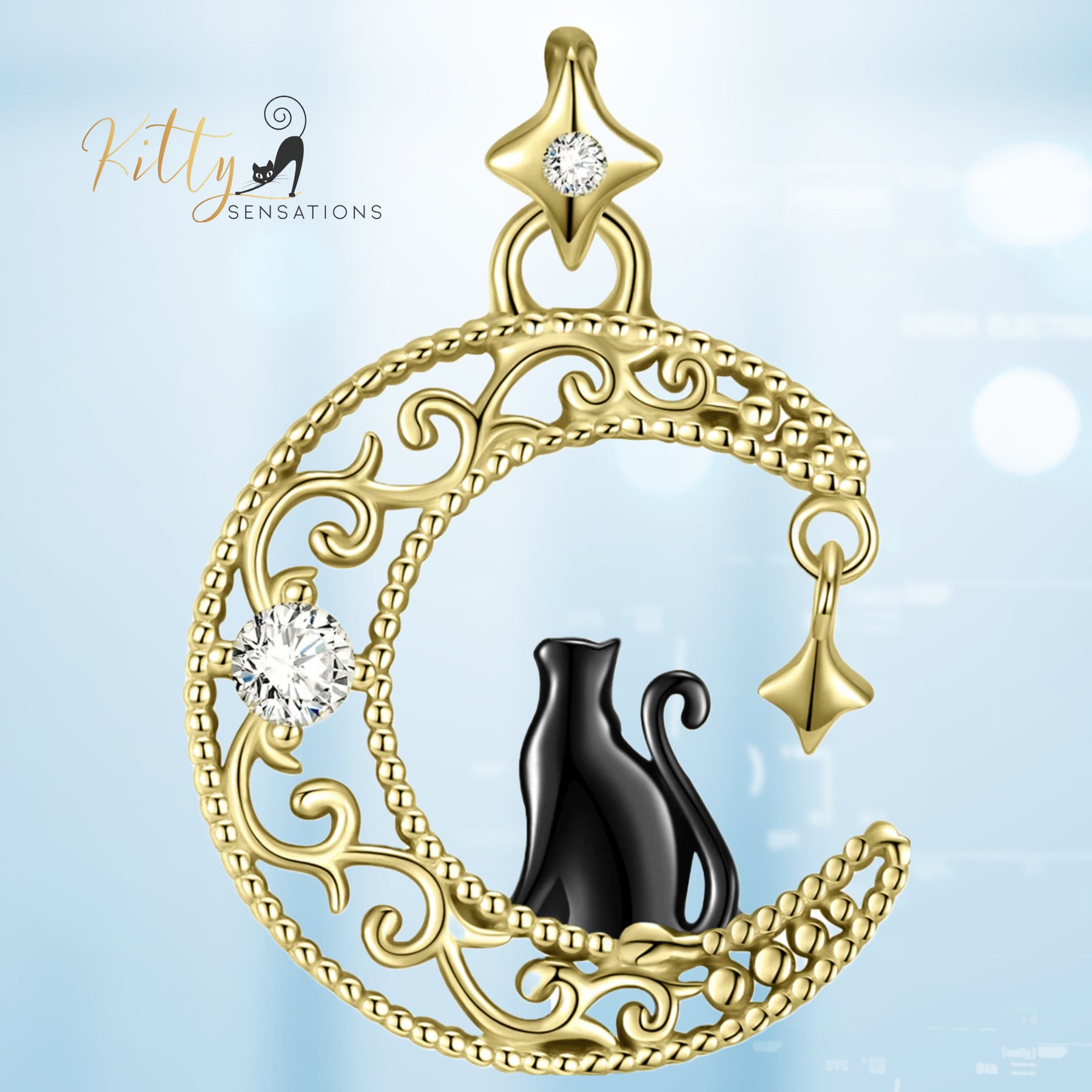 www.KittySensations.com: Black & Gold Moon Kitty Necklace in Solid 925 Sterling Silver ($89.15): https://www.kittysensations.com/products/black-gold-moon-kitty-necklace-in-solid-925-sterling-silver
