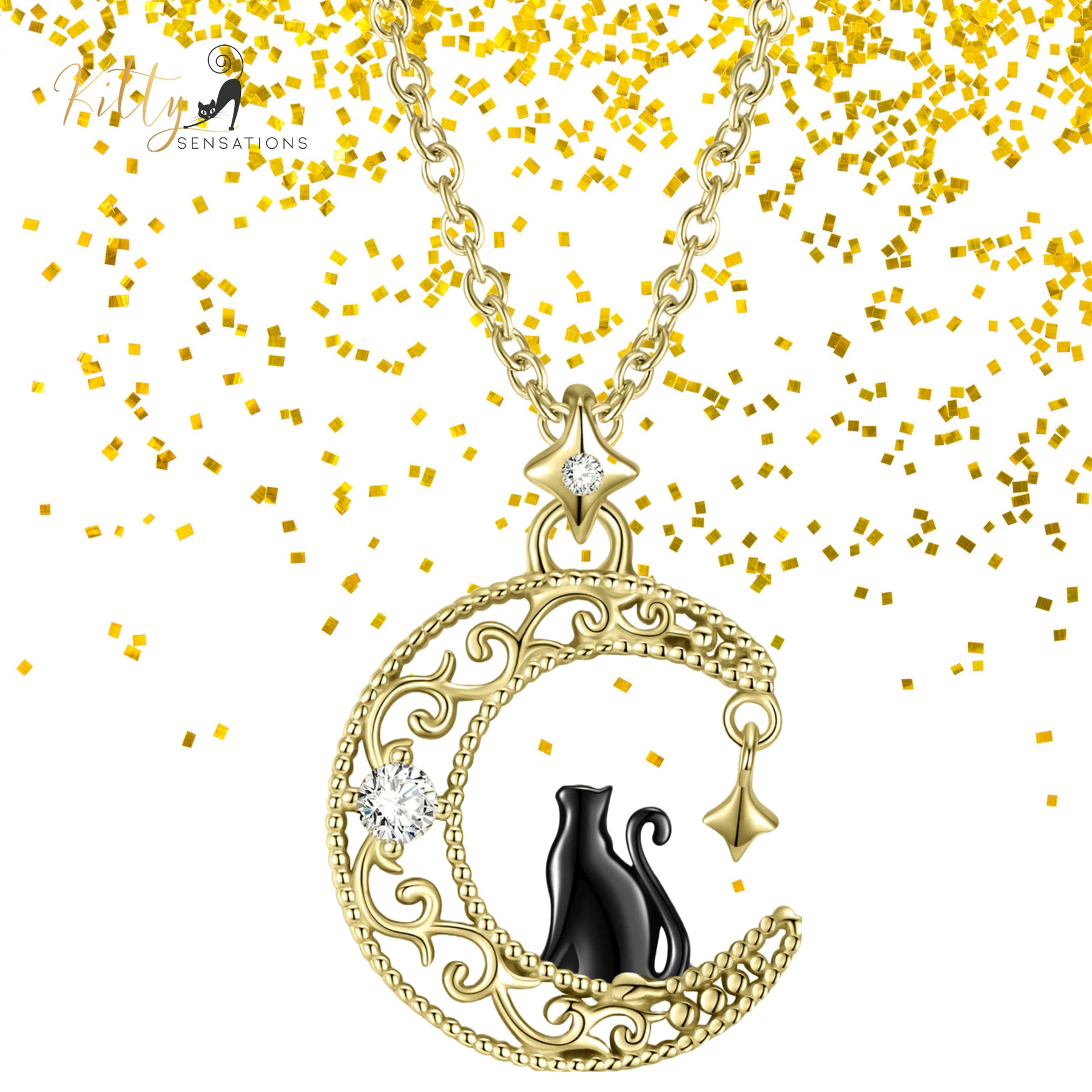 www.KittySensations.com: Black & Gold Moon Kitty Necklace in Solid 925 Sterling Silver ($89.15): https://www.kittysensations.com/products/black-gold-moon-kitty-necklace-in-solid-925-sterling-silver