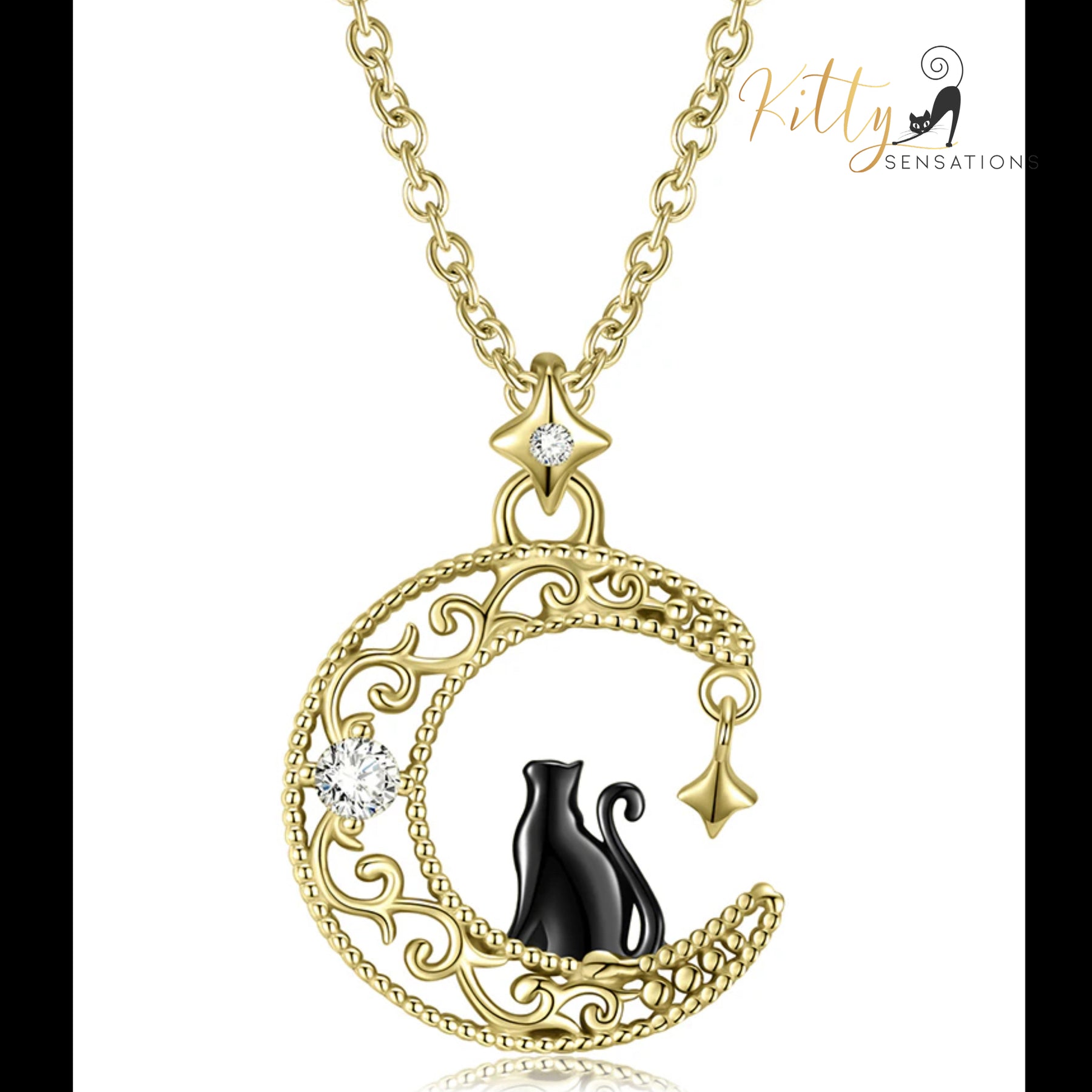 www.KittySensations.com: Black & Gold Moon Kitty Necklace in Solid 925 Sterling Silver ($89.15): https://www.kittysensations.com/products/black-gold-moon-kitty-necklace-in-solid-925-sterling-silver