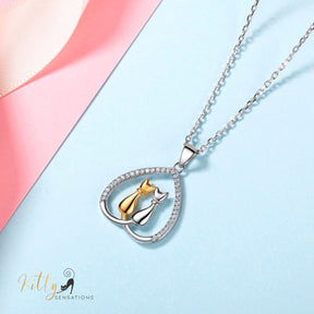 Cat Couple Heart Necklace in Solid 925 Sterling Silver (18K Gold Plated)