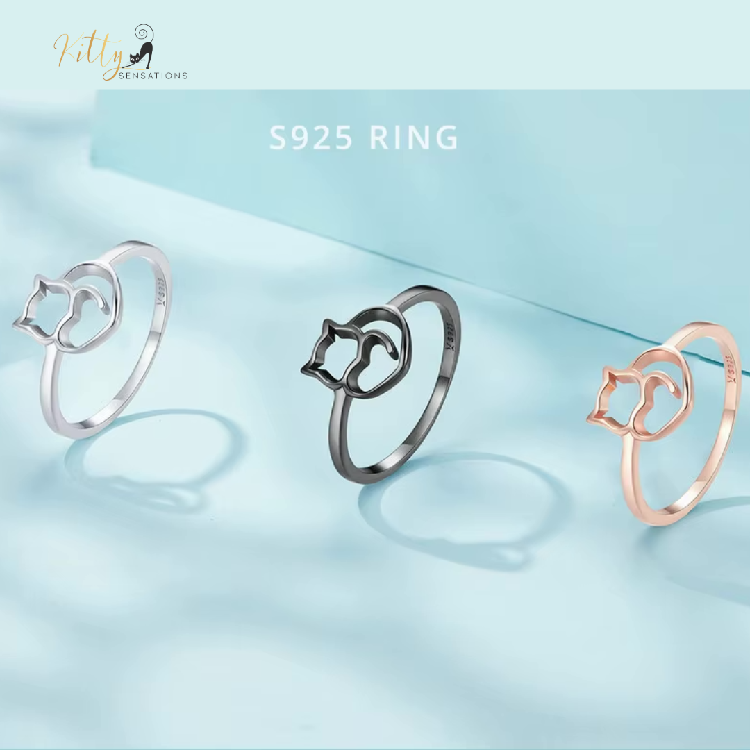 Cat Heart Ring in Solid 925 Sterling Silver (Three Colors)