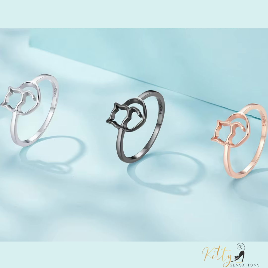 Cat Heart Ring in Solid 925 Sterling Silver (Three Colors)