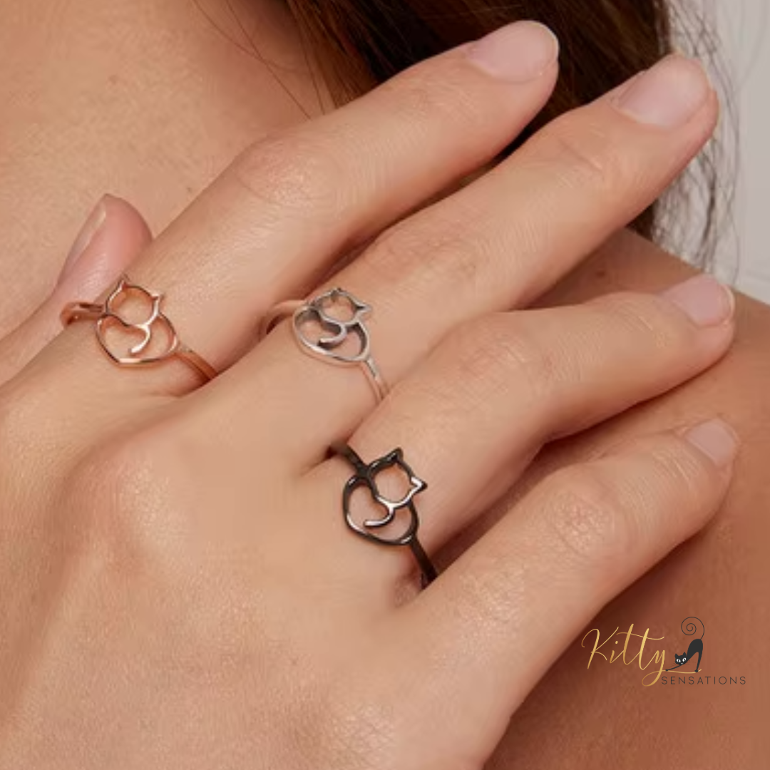 Cat Heart Ring in Solid 925 Sterling Silver (Three Colors)