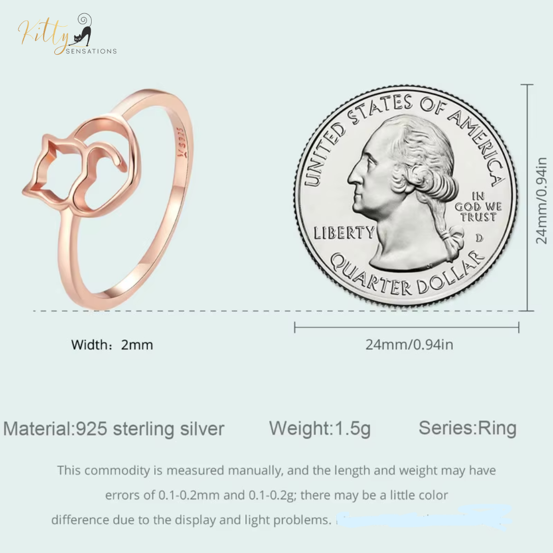 Cat Heart Ring in Solid 925 Sterling Silver (Rose Gold Plated)