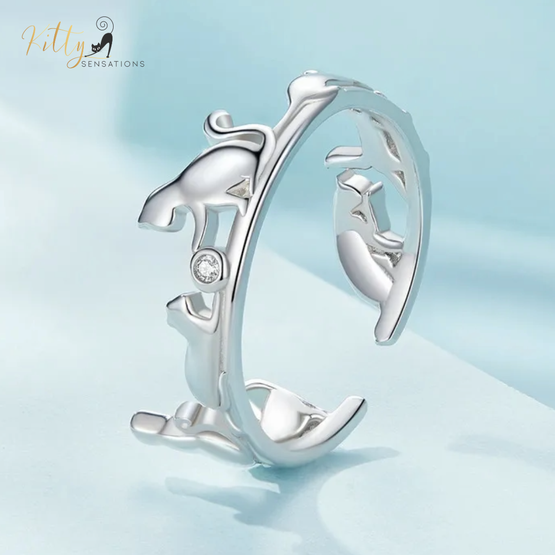 Cat Ring - Seven Healthy, Playful Cats in Solid 925 Sterling Silver - Platinum Plated, Playing with Cubic Zirconia (CZ) Balls (Adjustable Size) ($51.20)