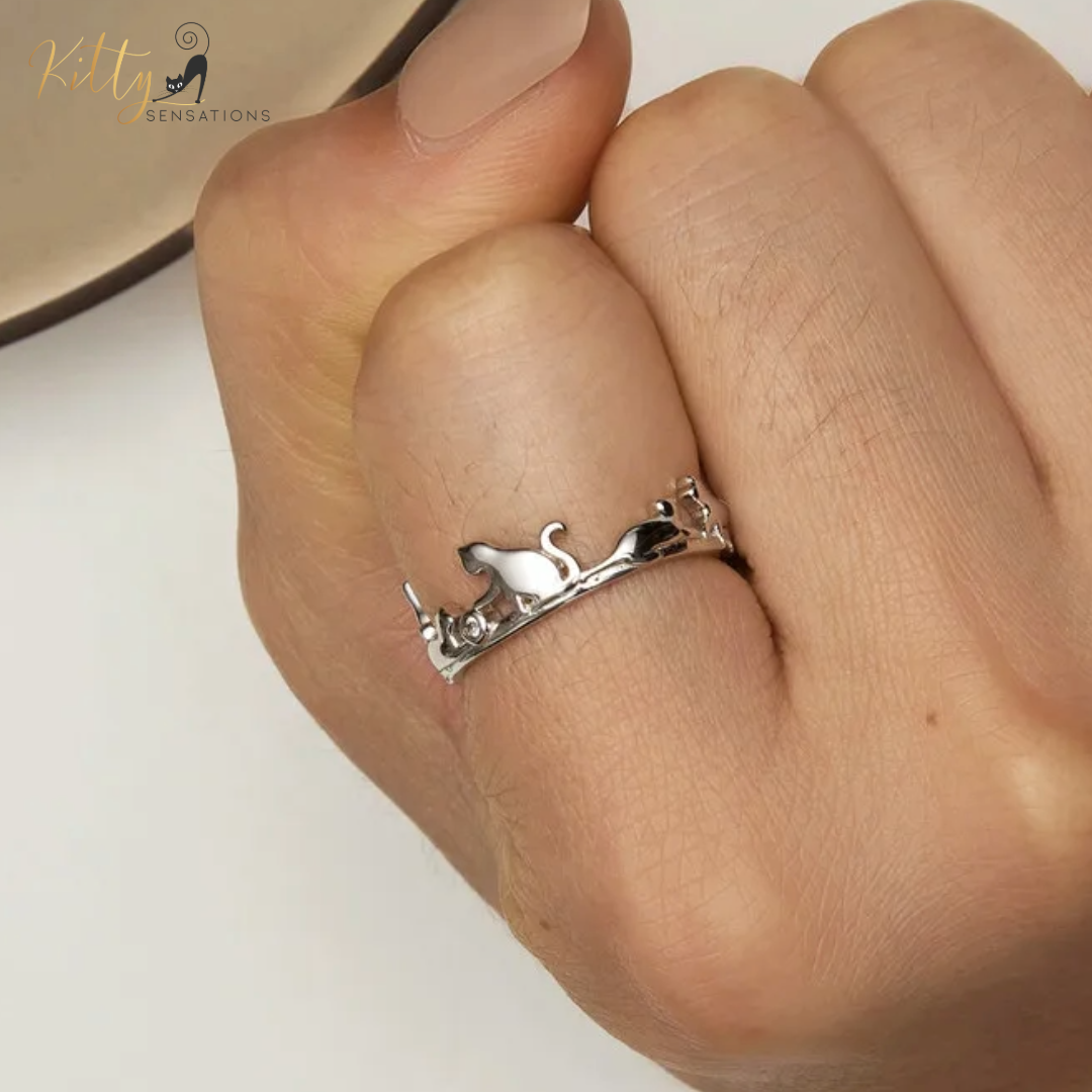 Cat Ring - Seven Healthy, Playful Cats in Solid 925 Sterling Silver - Platinum Plated, Playing with Cubic Zirconia (CZ) Balls (Adjustable Size) ($51.20)