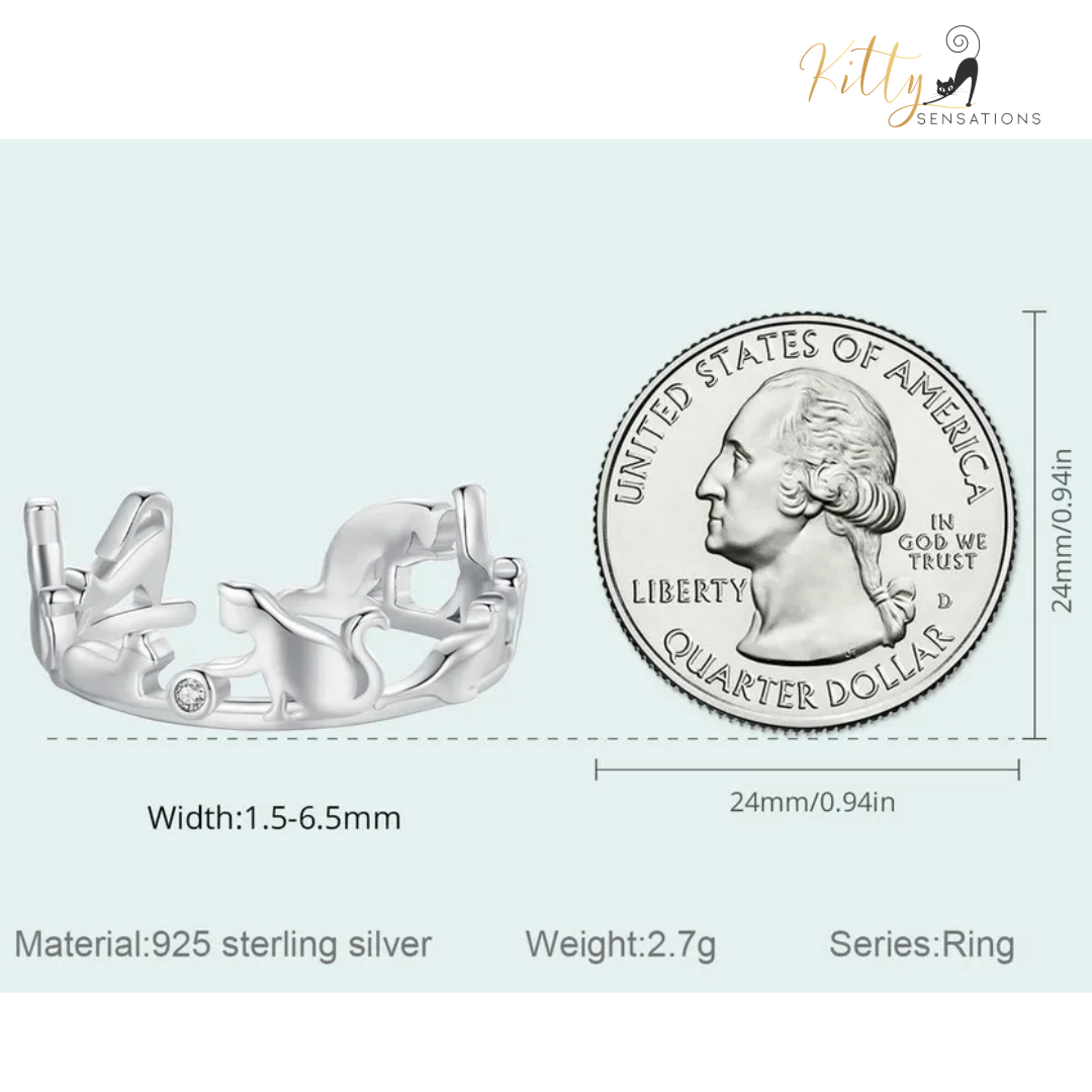 Cat Ring - Seven Healthy, Playful Cats in Solid 925 Sterling Silver - Platinum Plated, Playing with Cubic Zirconia (CZ) Balls (Adjustable Size) ($51.20)