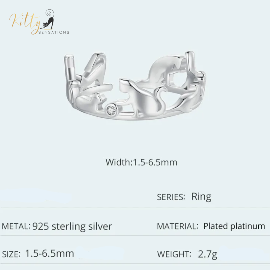 Cat Ring - Seven Healthy, Playful Cats in Solid 925 Sterling Silver - Platinum Plated, Playing with Cubic Zirconia (CZ) Balls (Adjustable Size) ($51.20)