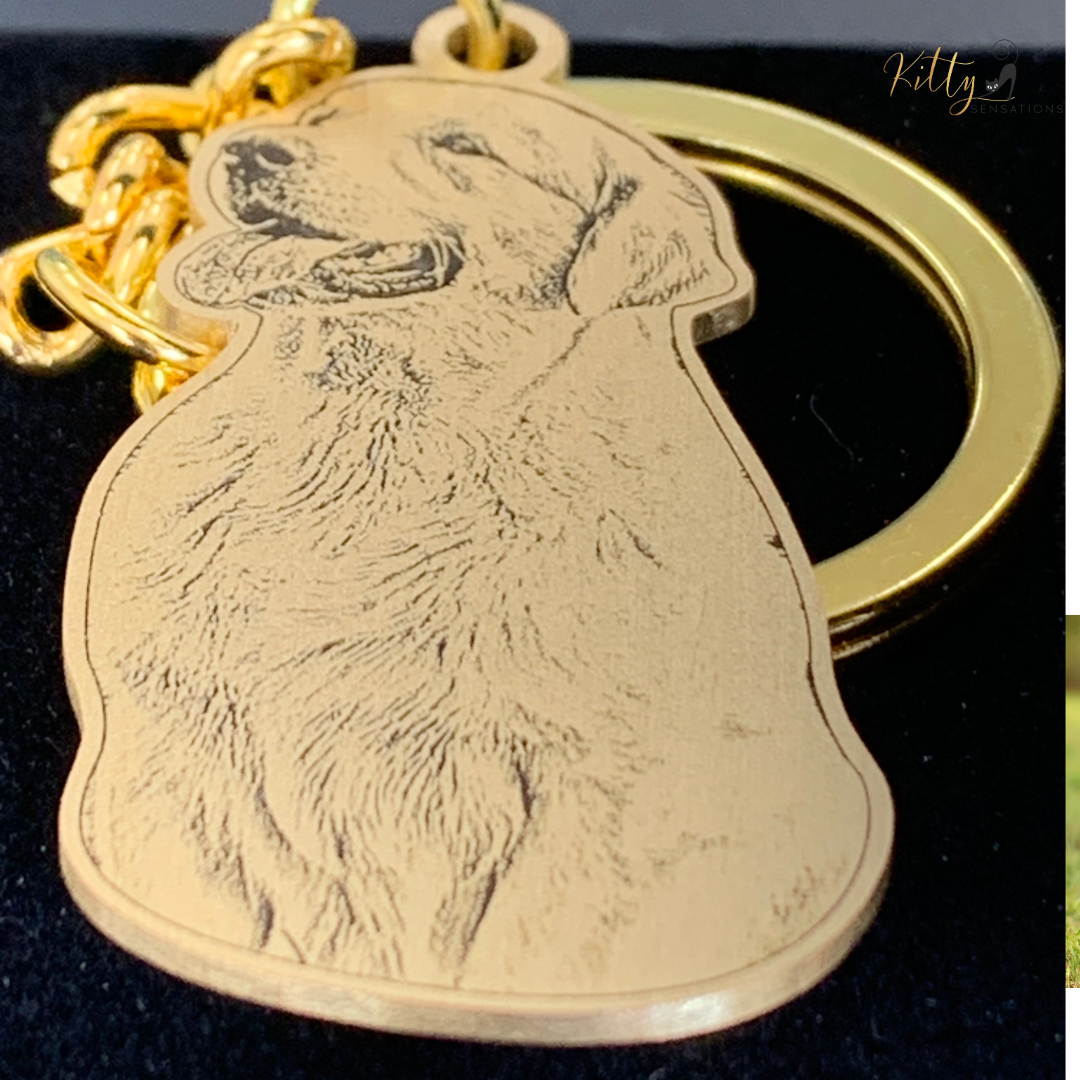 KittySensations™ Custom Dog Keychain with Personal Engraving in Solid 925 Sterling Silver or Gold Plated Titanium or Rose Gold Plated Titanium ($59.95)