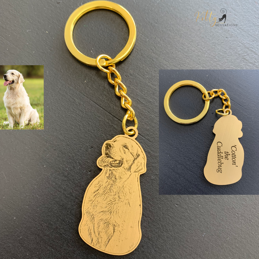 KittySensations™ Custom Dog Keychain with Personal Engraving in Solid 925 Sterling Silver or Gold Plated Titanium or Rose Gold Plated Titanium ($59.95)