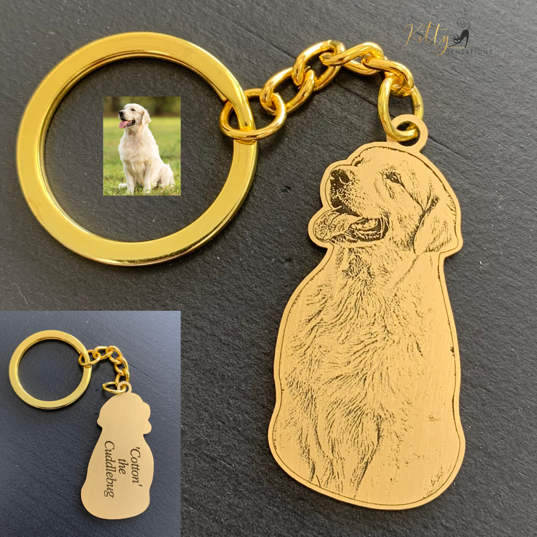 KittySensations™ Custom Dog Keychain with Personal Engraving in Solid 925 Sterling Silver or Gold Plated Titanium or Rose Gold Plated Titanium ($59.95)