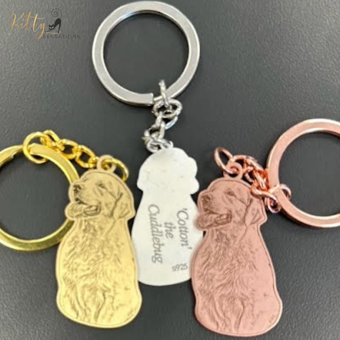 KittySensations™ Custom Dog Keychain with Personal Engraving in Solid 925 Sterling Silver or Gold Plated Titanium or Rose Gold Plated Titanium ($59.95)