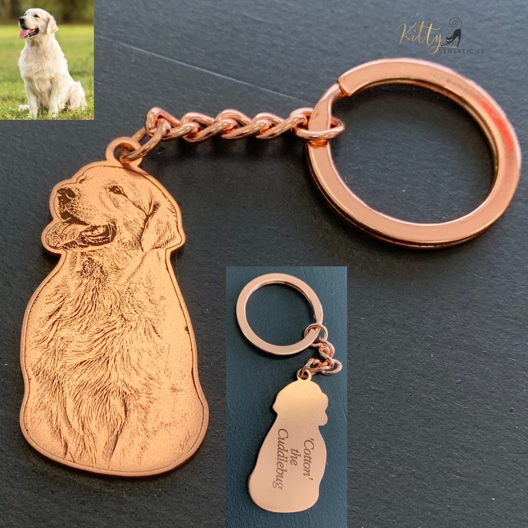 KittySensations™ Custom Dog Keychain with Personal Engraving in Solid 925 Sterling Silver or Gold Plated Titanium or Rose Gold Plated Titanium ($59.95)