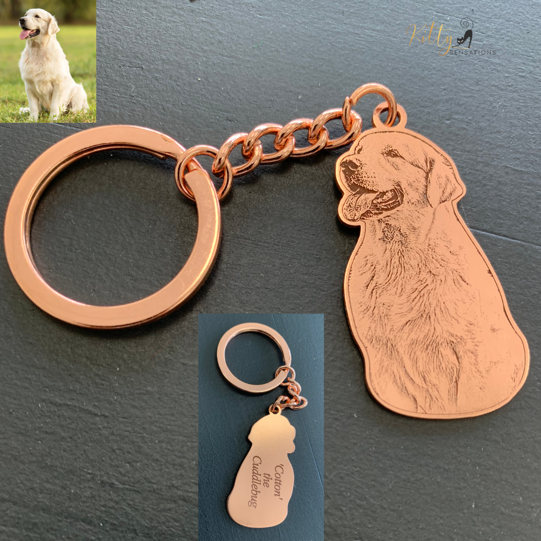 KittySensations™ Custom Dog Keychain with Personal Engraving in Solid 925 Sterling Silver or Gold Plated Titanium or Rose Gold Plated Titanium ($59.95)
