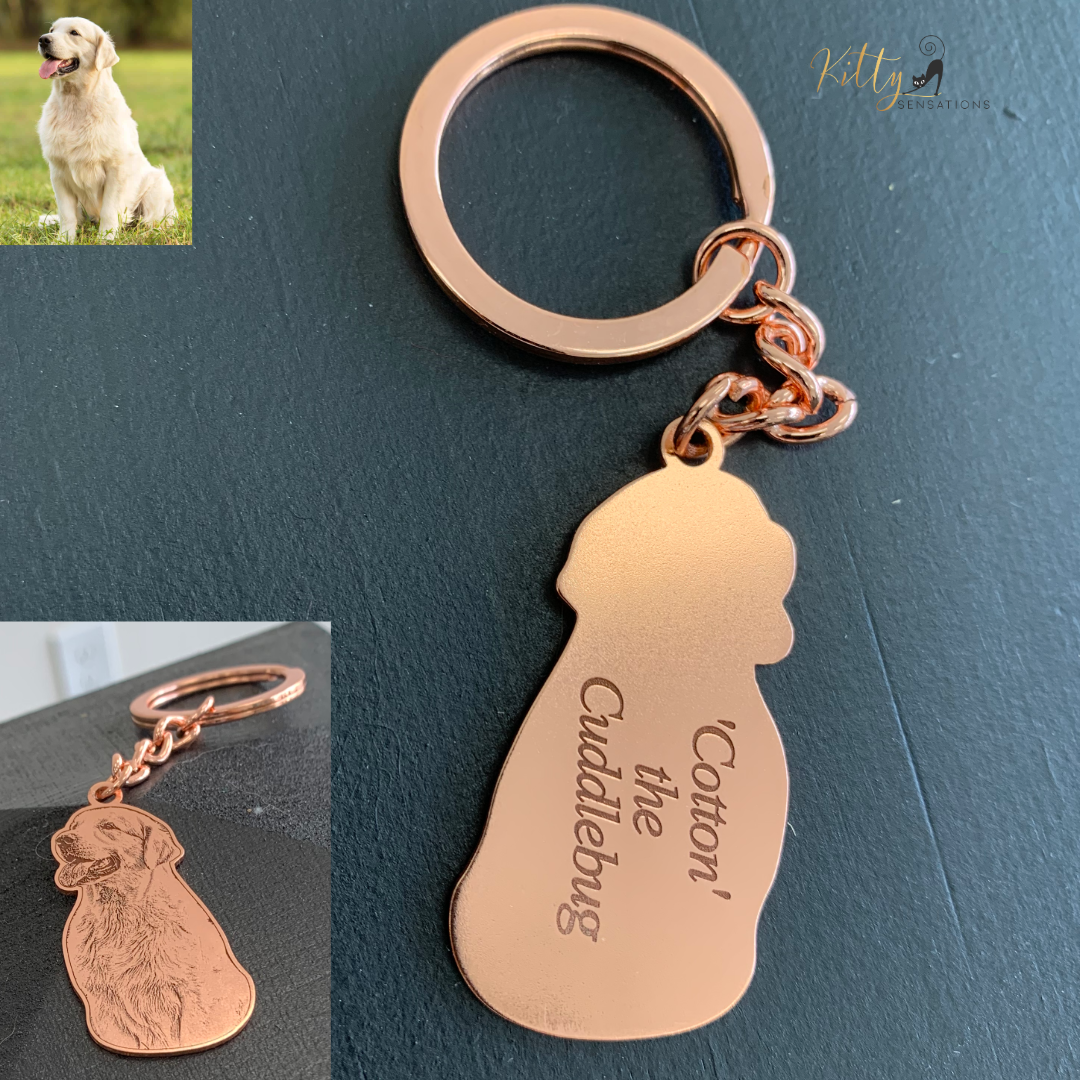 KittySensations™ Custom Dog Keychain with Personal Engraving in Solid 925 Sterling Silver or Gold Plated Titanium or Rose Gold Plated Titanium ($59.95)