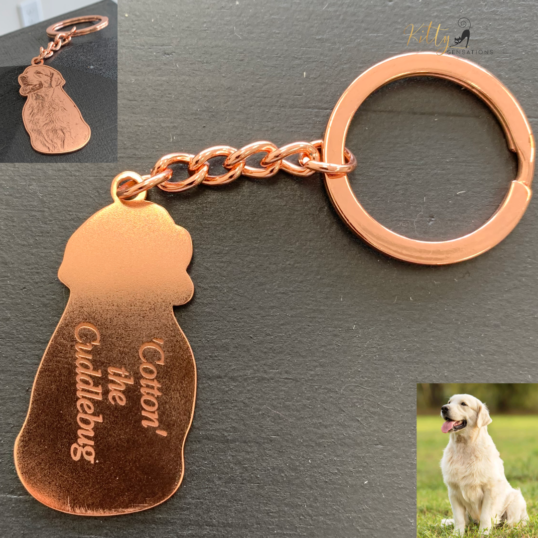 KittySensations™ Custom Dog Keychain with Personal Engraving in Solid 925 Sterling Silver or Gold Plated Titanium or Rose Gold Plated Titanium ($59.95)
