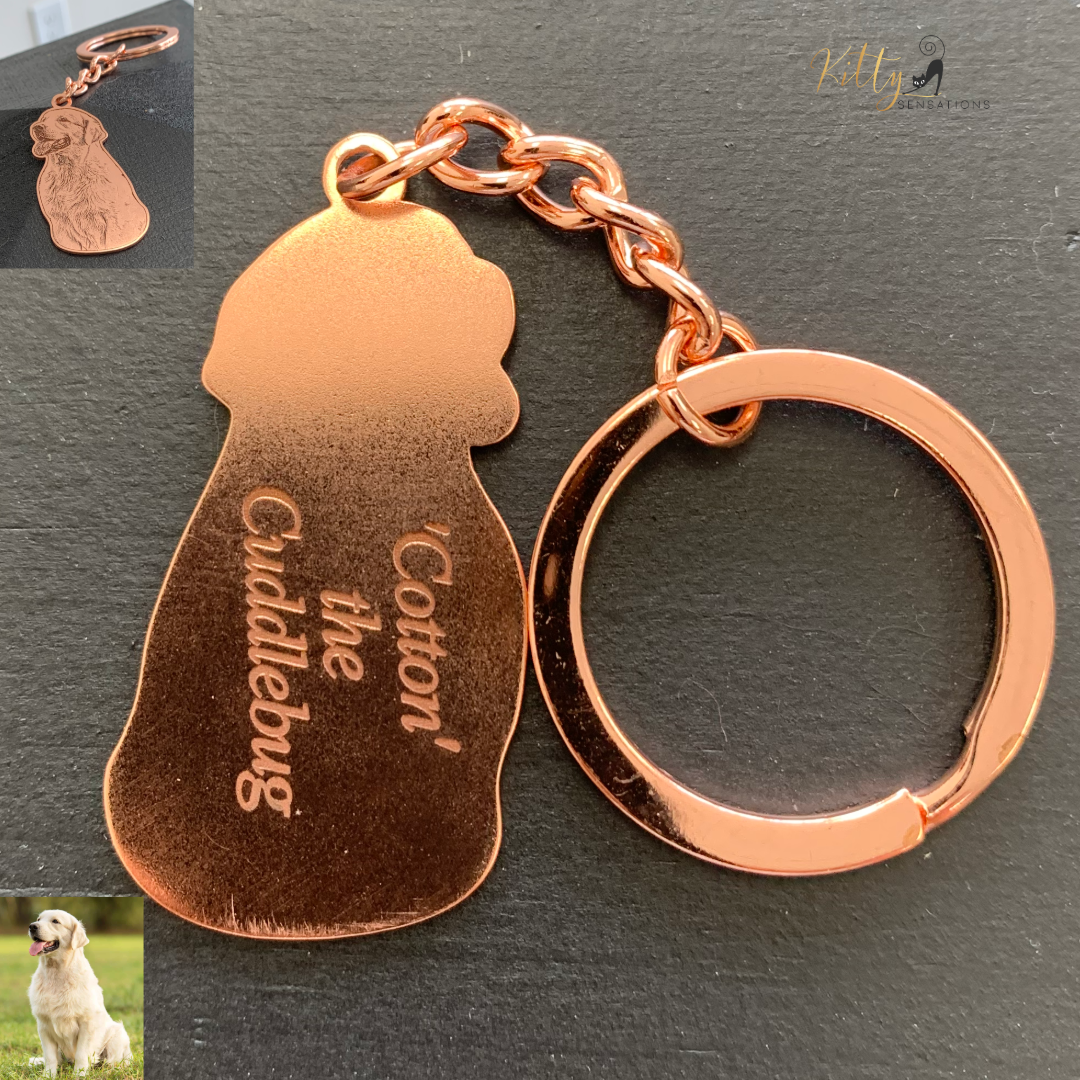 KittySensations™ Custom Dog Keychain with Personal Engraving in Solid 925 Sterling Silver or Gold Plated Titanium or Rose Gold Plated Titanium ($59.95)