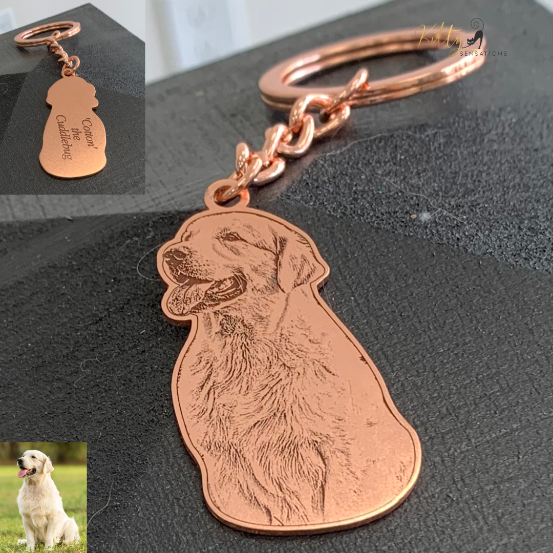 KittySensations™ Custom Dog Keychain with Personal Engraving in Solid 925 Sterling Silver or Gold Plated Titanium or Rose Gold Plated Titanium ($59.95)