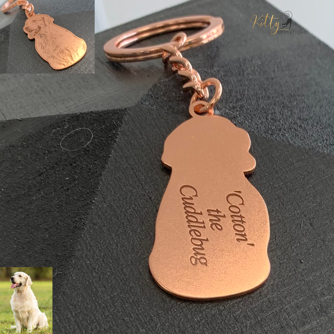 KittySensations™ Custom Dog Keychain with Personal Engraving in Solid 925 Sterling Silver or Gold Plated Titanium or Rose Gold Plated Titanium ($59.95)