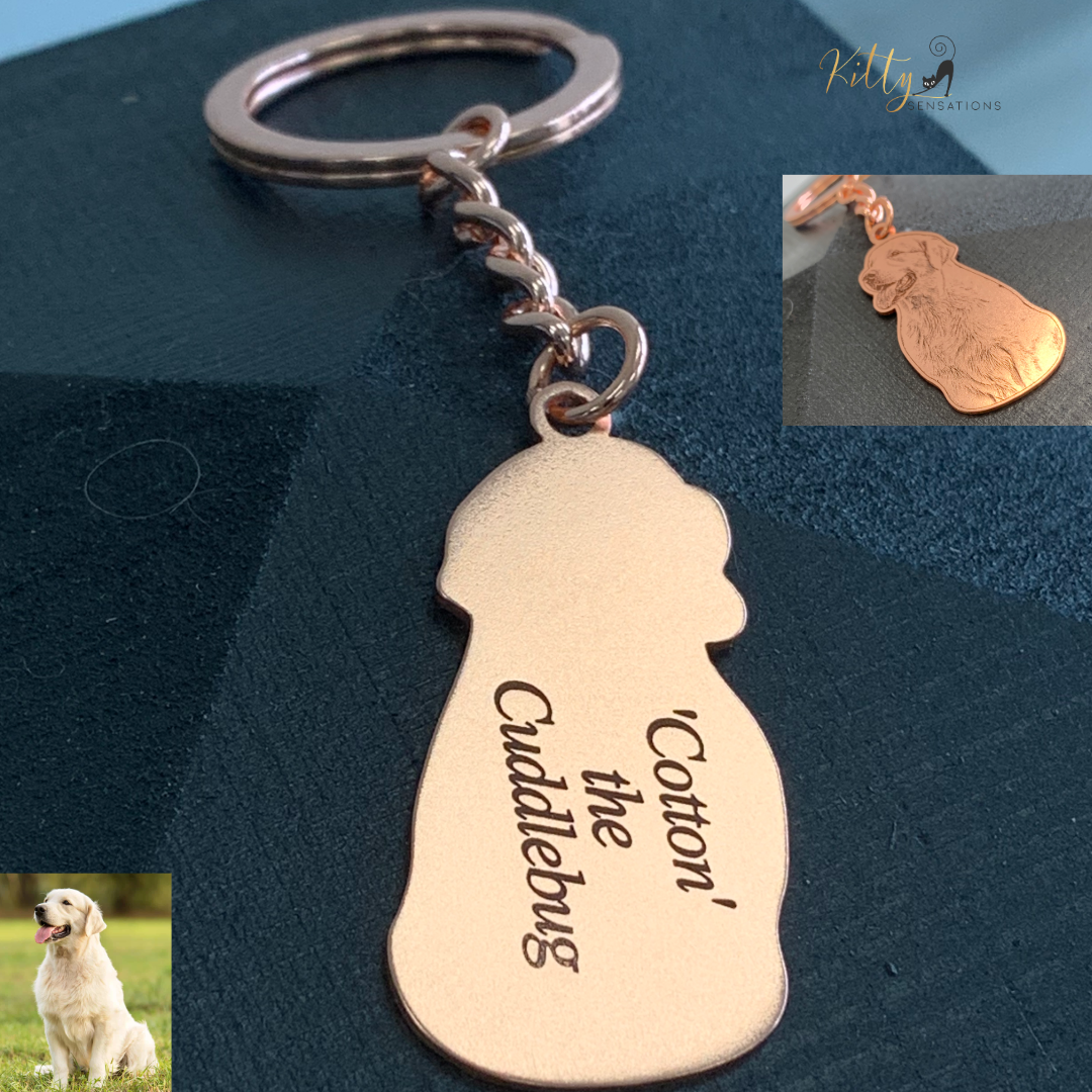 KittySensations™ Custom Dog Keychain with Personal Engraving in Solid 925 Sterling Silver or Gold Plated Titanium or Rose Gold Plated Titanium ($59.95)