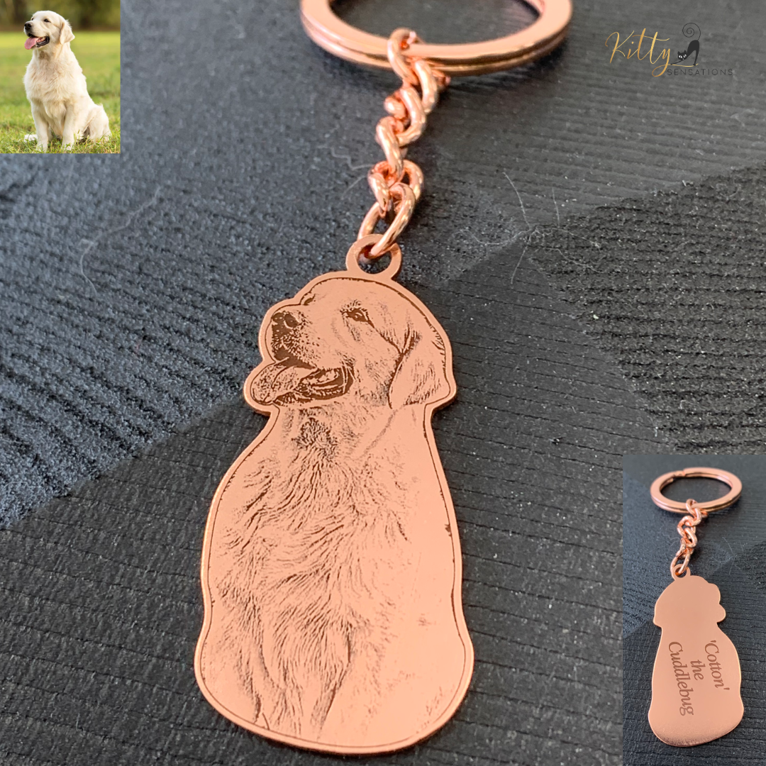 KittySensations™ Custom Dog Keychain with Personal Engraving in Solid 925 Sterling Silver or Gold Plated Titanium or Rose Gold Plated Titanium ($59.95)