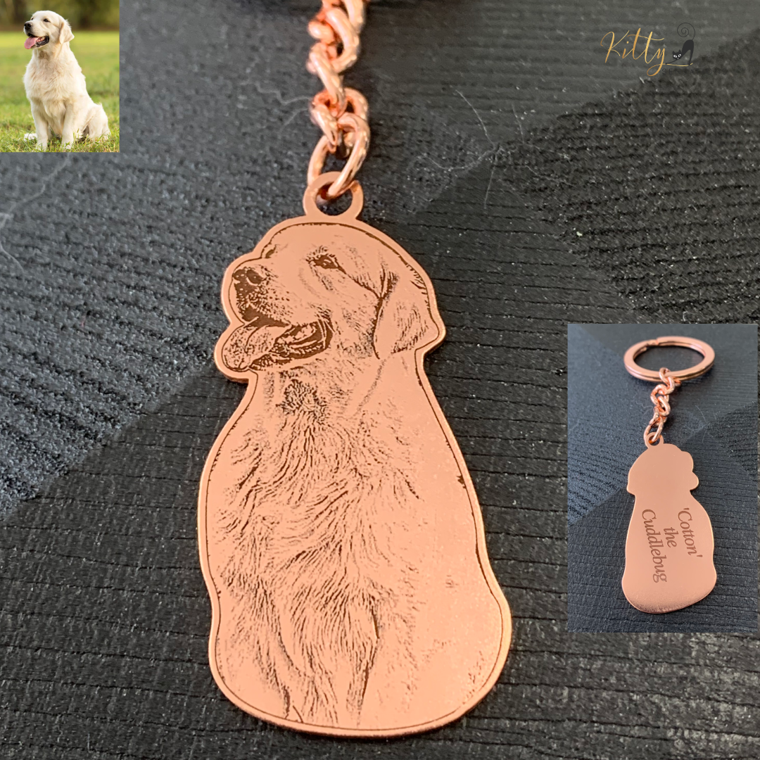 KittySensations™ Custom Dog Keychain with Personal Engraving in Solid 925 Sterling Silver or Gold Plated Titanium or Rose Gold Plated Titanium ($59.95)