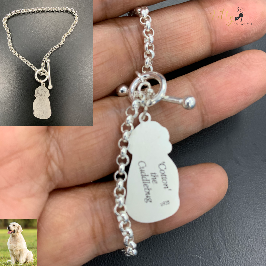 KittySensations™ Custom Dog Charm Bracelet with Personal Engraving in Solid 925 Sterling Silver or Gold Plated Titanium - Your Choice! ($59.95)