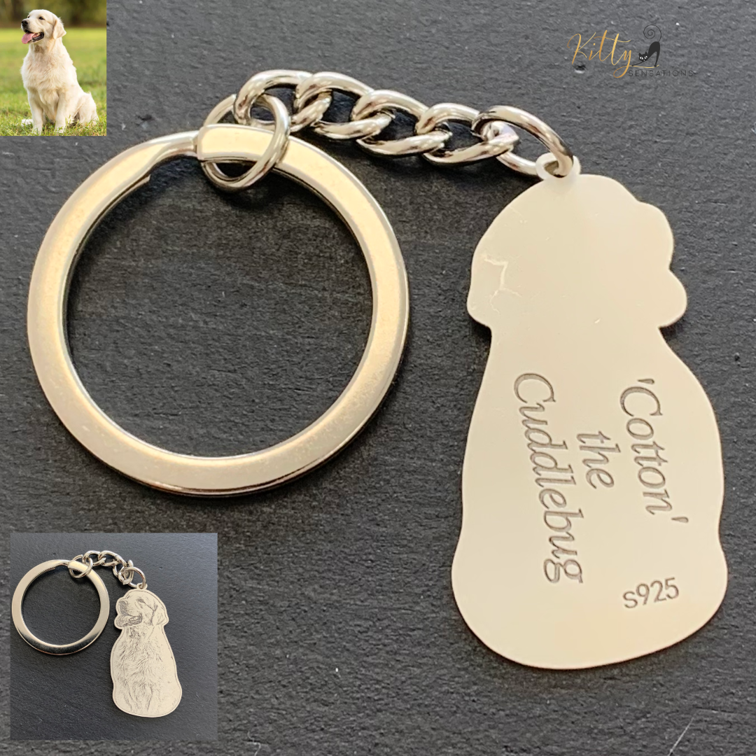KittySensations™ Custom Dog Keychain with Personal Engraving in Solid 925 Sterling Silver or Gold Plated Titanium or Rose Gold Plated Titanium ($59.95)