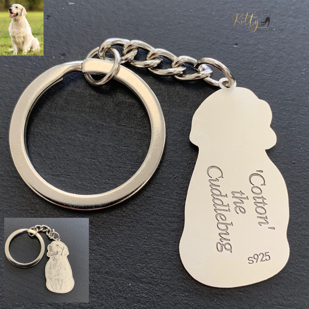 KittySensations™ Custom Dog Keychain with Personal Engraving in Solid 925 Sterling Silver or Gold Plated Titanium or Rose Gold Plated Titanium ($59.95)