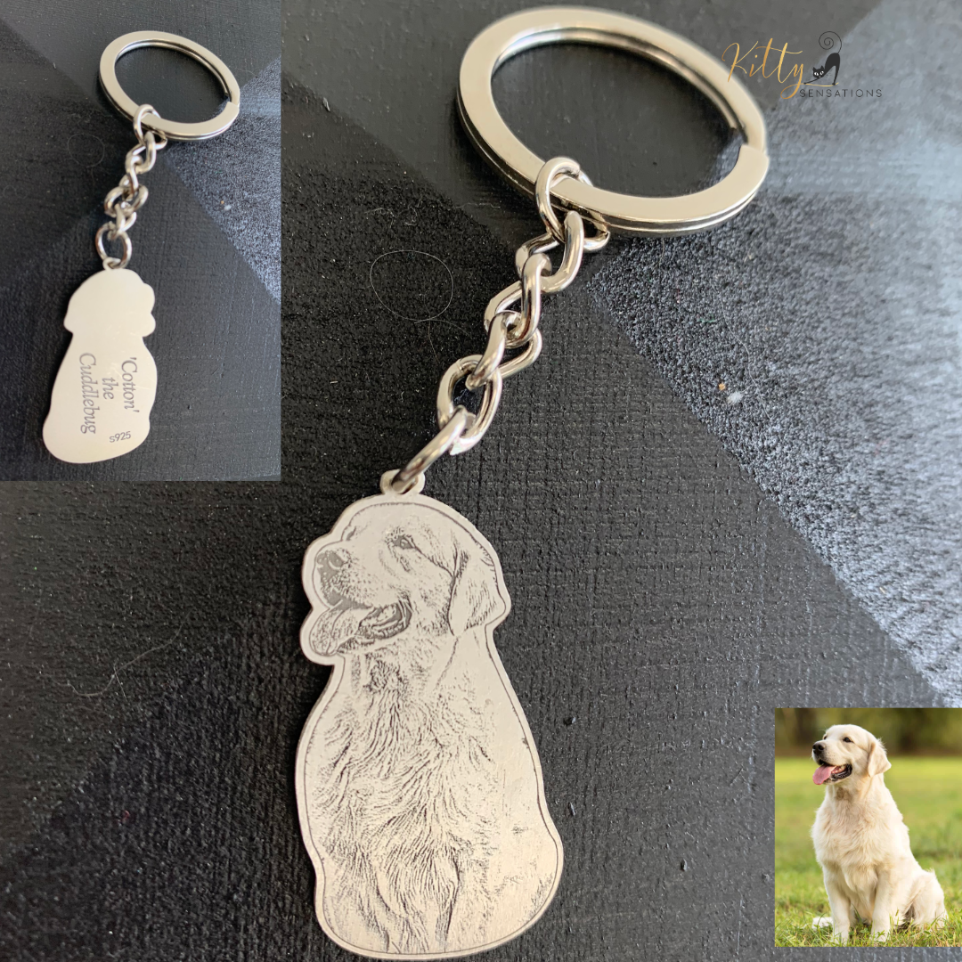 KittySensations™ Custom Dog Keychain with Personal Engraving in Solid 925 Sterling Silver or Gold Plated Titanium or Rose Gold Plated Titanium ($59.95)