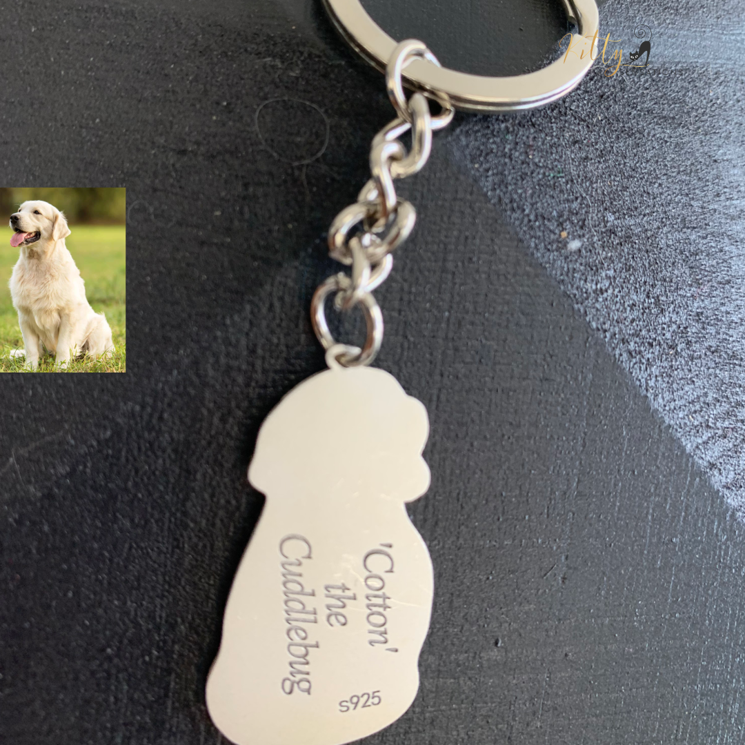 KittySensations™ Custom Dog Keychain with Personal Engraving in Solid 925 Sterling Silver or Gold Plated Titanium or Rose Gold Plated Titanium ($59.95)