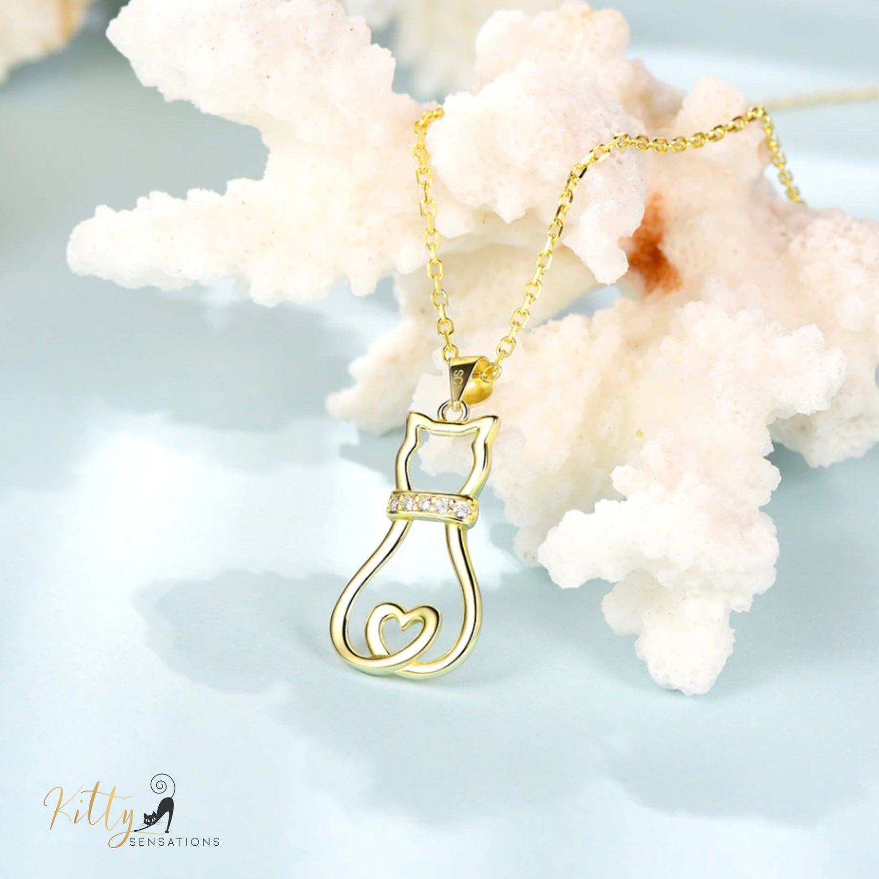 www.KittySensations.com: Doodle Cat with CZ Collar Necklace in Solid 925 Sterling Silver (18K Gold Plated) ($88.94): https://www.kittysensations.com/products/doodle-cat-with-cz-collar-necklace-in-solid-925-sterling-silver
