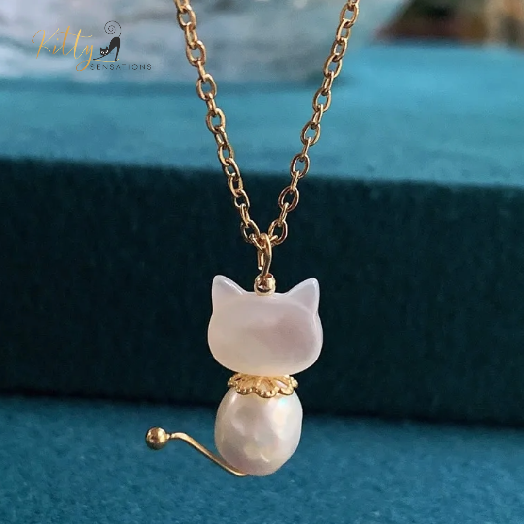 Natural Freshwater Pearl and Mother-of-Pearl Cat Necklace (White or Black) - Gold Plated