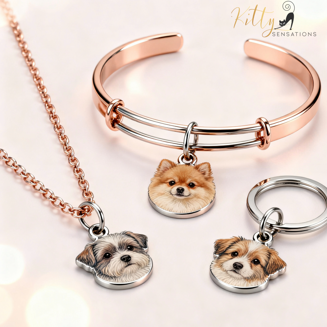 Jewelry set with dog-themed charms on a light background