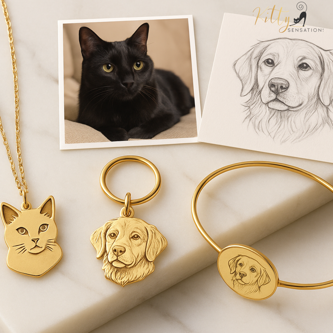 Gold pet-themed jewelry including a necklace, keychain, and bracelet with engraved faces of a cat and a dog, alongside a photo of a black cat and a drawing of a dog.