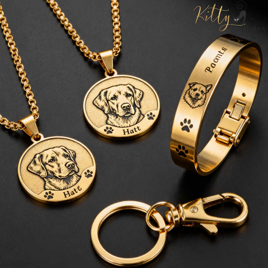 Gold pet memorials including a necklace, bracelet, and keychain on a black background.