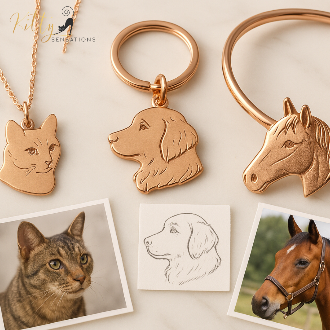 Rose gold pet keychains and necklaces with images of a cat, dog, and horse on a light background.