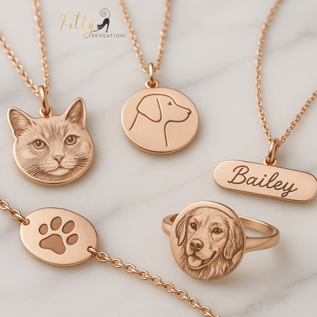 Rose gold pet-themed jewelry including necklaces and a ring on a light background.