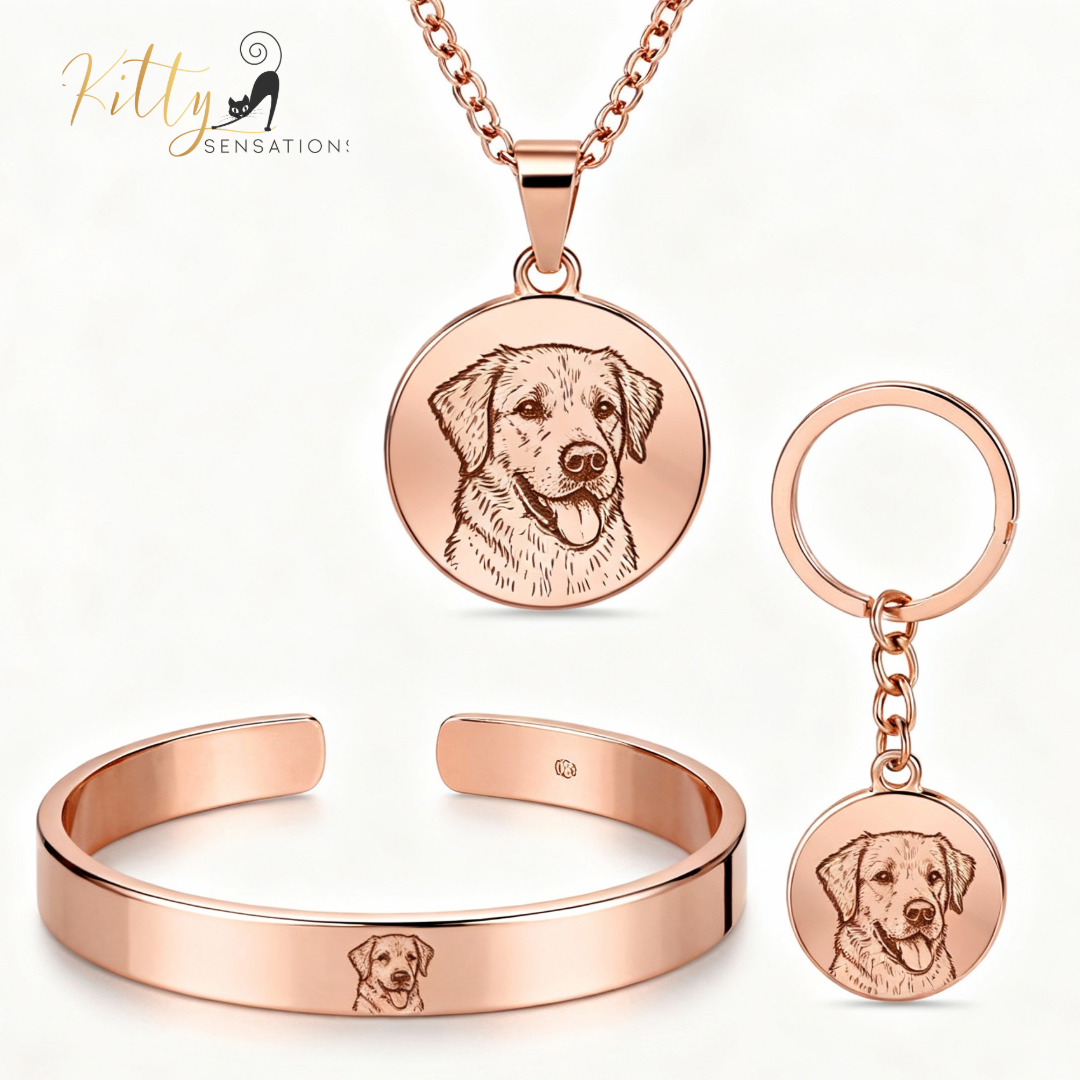 Rose gold pet memorial jewelry set with necklace, bracelet, and keychain featuring engraved dog portraits on a white background.