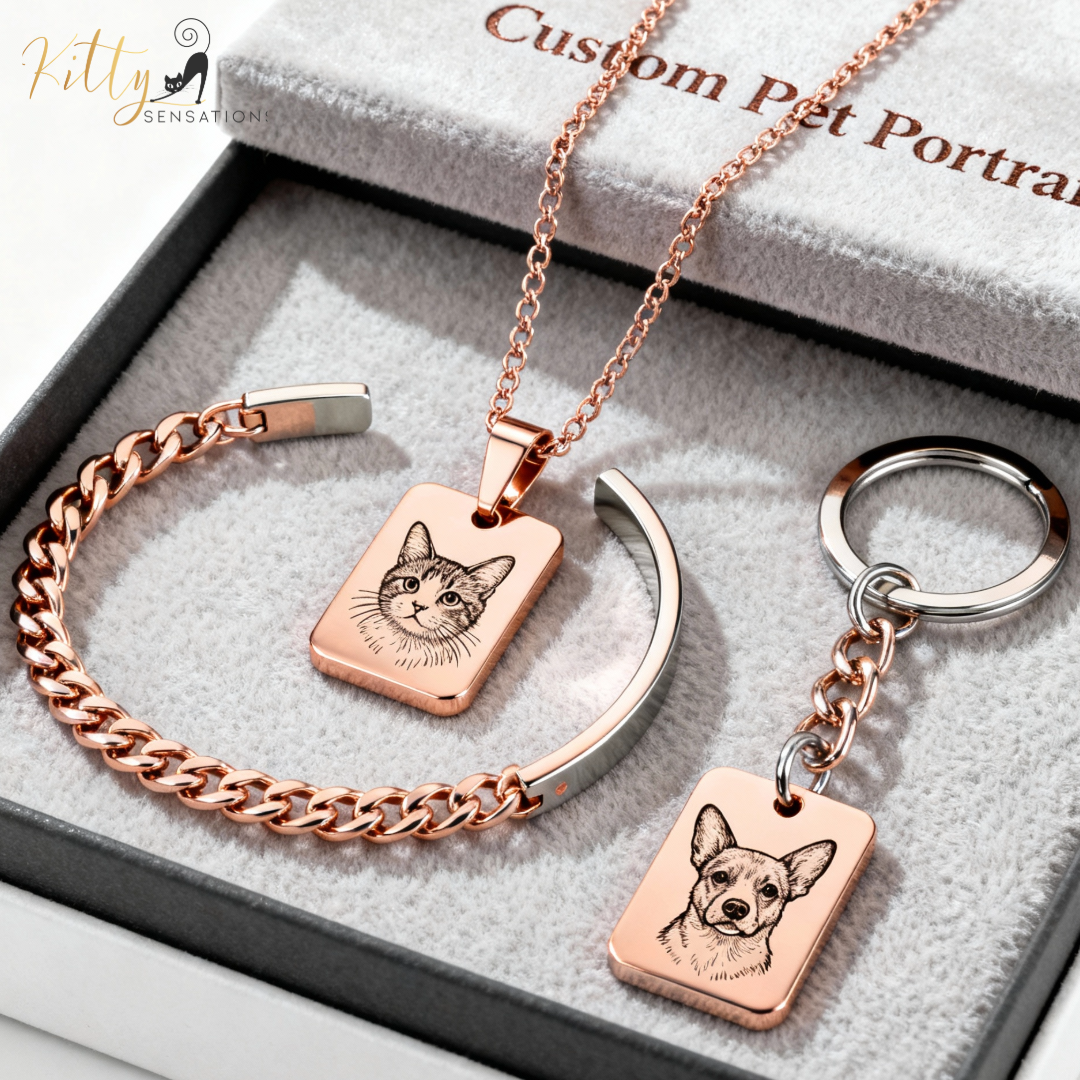 Rose gold bracelet and keychain with pet portraits on a branded box