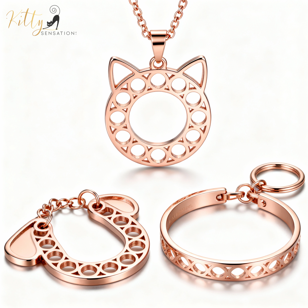 Rose gold cat-shaped pendant, heart-shaped keychain, and round ring on a white background with 'Fitty Sensation' branding.