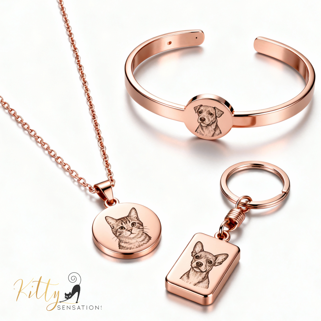 Rose gold jewelry set with pet portraits on a white background