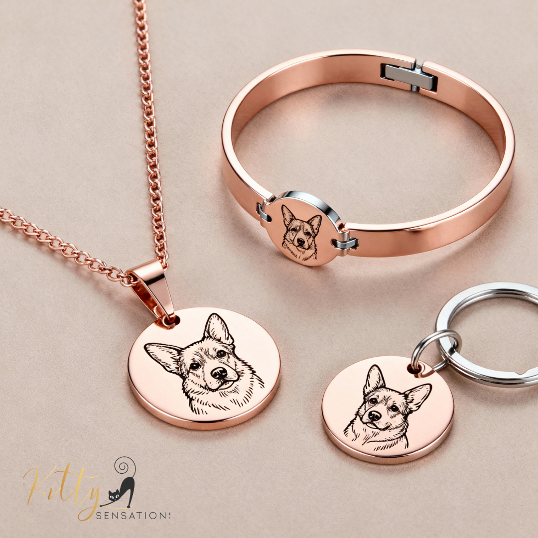 Rose gold jewelry set with pet portraits on a beige background