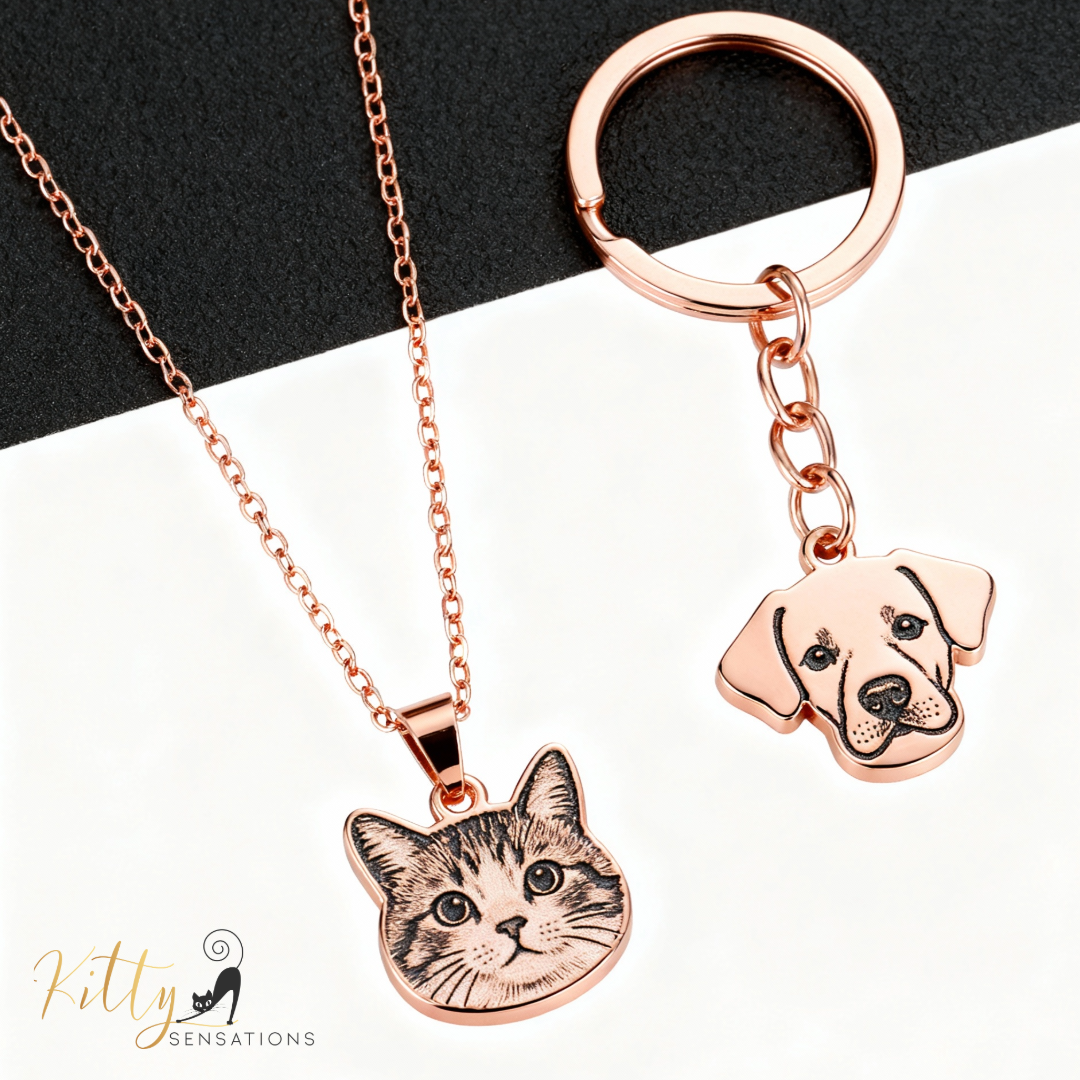 Rose gold cat pendant necklace and dog keychain on a black and white background with 'Kitty Sensations' branding.