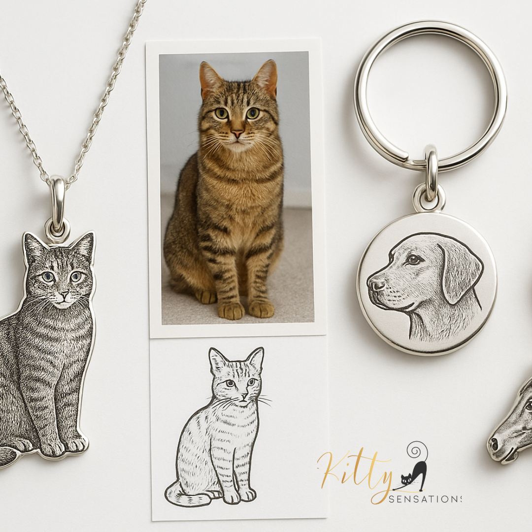 Cat-themed jewelry including a necklace, keychain, and illustrations on a white background.