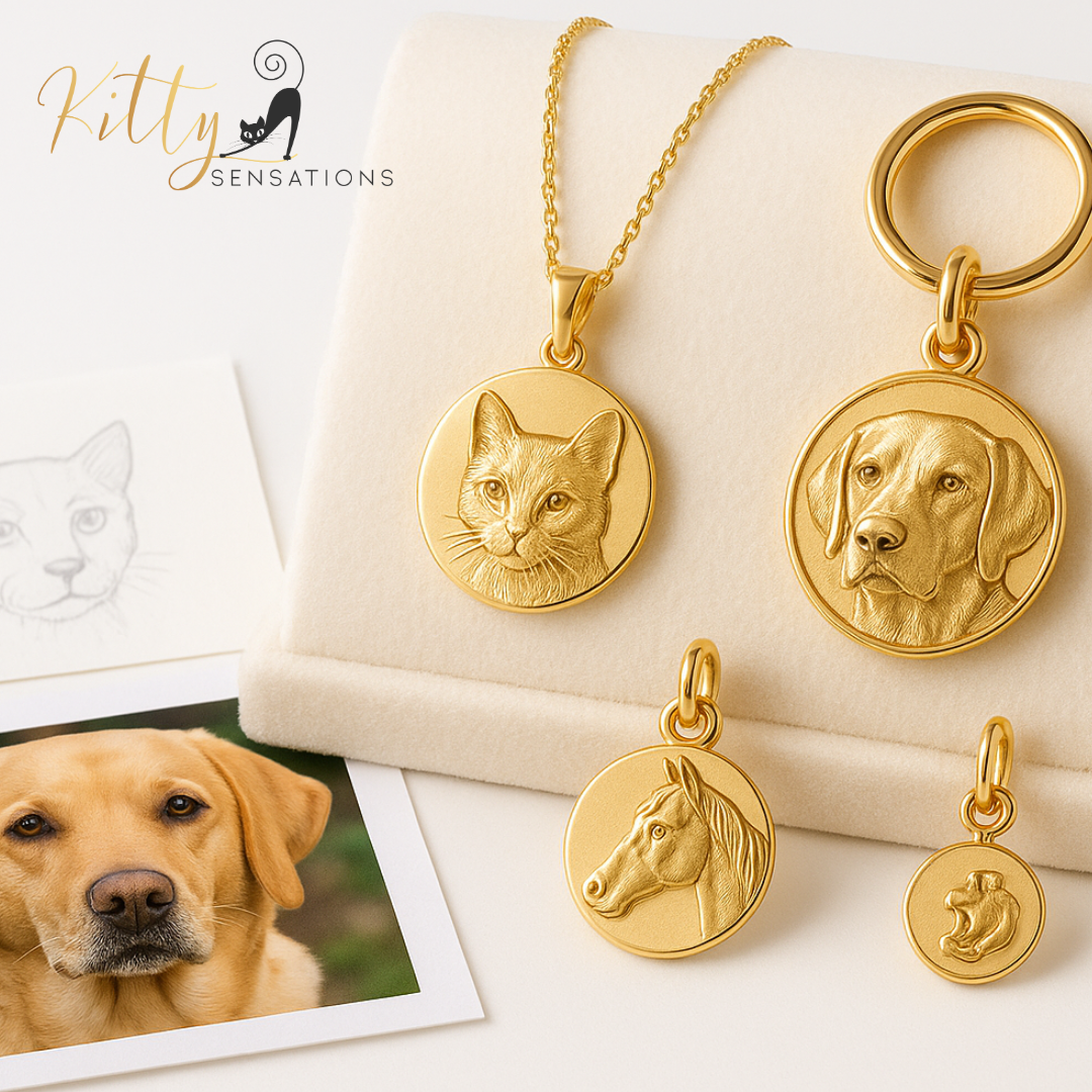 Gold pet medallion necklaces and keychains with cat, dog, and horse designs on a white surface.