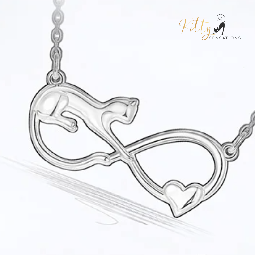 Infinite Love Cat Necklace in Solid 925 Sterling Silver - 18K Rhodium Plated, Heirloom Quality