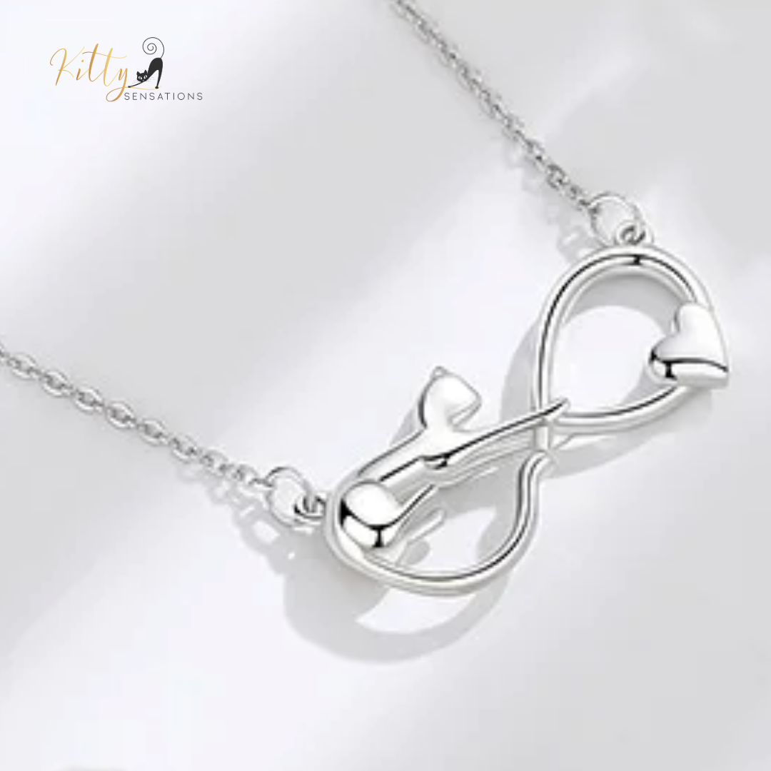Infinite Love Cat Necklace in Solid 925 Sterling Silver - 18K Rhodium Plated, Heirloom Quality