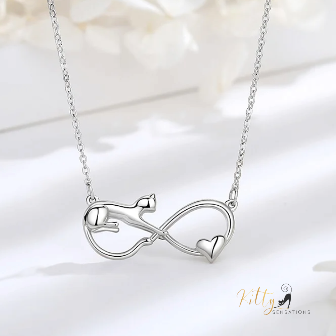 Infinite Love Cat Necklace in Solid 925 Sterling Silver - 18K Rhodium Plated, Heirloom Quality